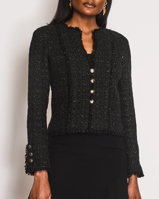 Chanel 2005 Black Tweed Single Breasted Jacket with Frayed Trim Detail Size FR 36 (UK 8) in Black Tweed from Sellier