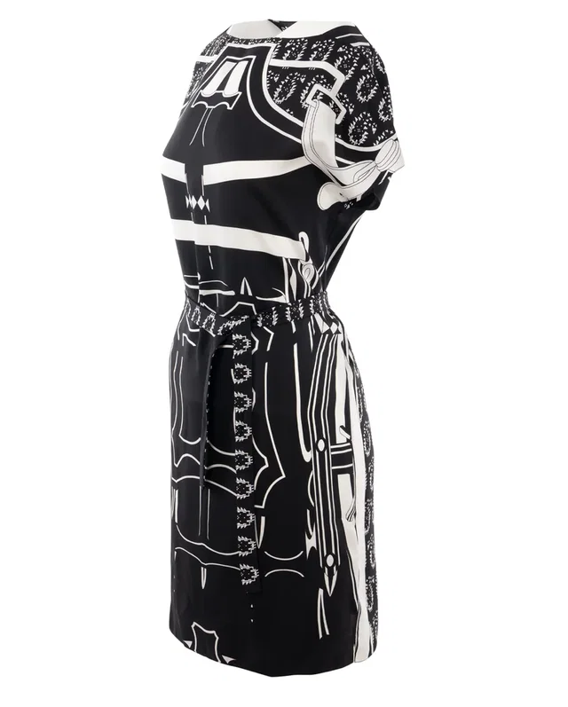Hermès Black And White Belted Silk Dress Tunic in Black Silk from HEWI