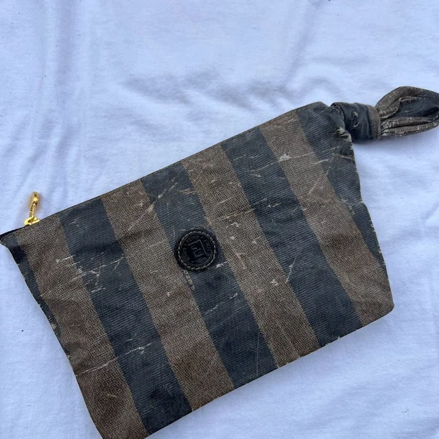 Fendi Vintage Striped Brown & Black Canvas Wristlet Pouch in black|brown|red Canvas from Poshmark