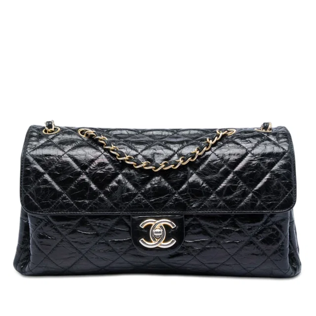 Black Chanel Jumbo CC Quilted Crumpled Calfskin Straight Flap Shoulder Bag in Black Calfskin from Designer Revival