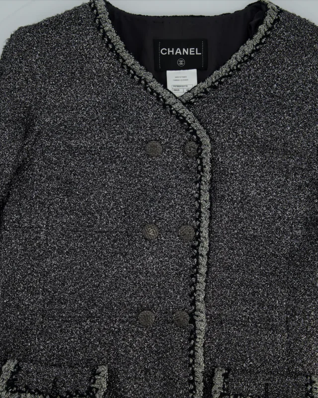 HOT* Chanel 14/P La Petite Veste Noire Tweed Charcoal Grey Jacket with Silver Detail Size FR… in Grey Tweed from Sellier, photo 7 of 12