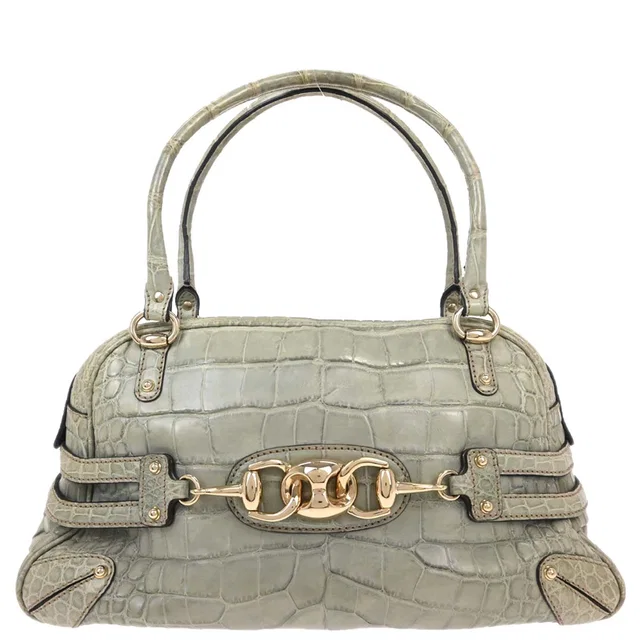 Gucci Green Crocodile Bamboo Horsebit Handbag in Green Crocodile from AMORE Vintage Tokyo