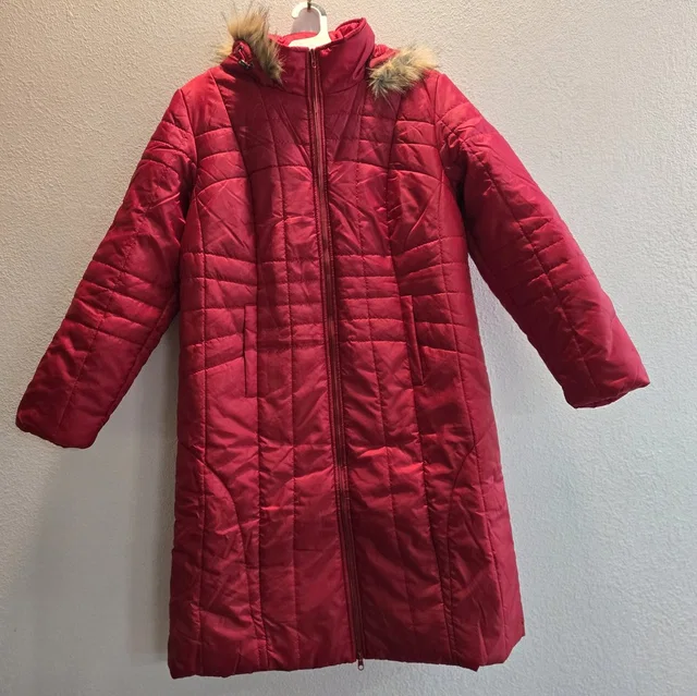 Women's Red Puffer Coat Tudor Court Size Medium Fur Hood in brown|red from Poshmark