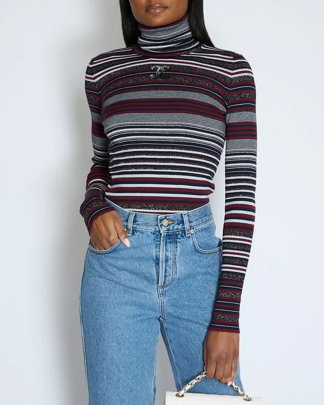 Chanel 23/B Burgundy Striped Knitted CC Long Sleeve High Neck Jumper Size FR 38 (UK 10) in Burgundy Wool from Sellier