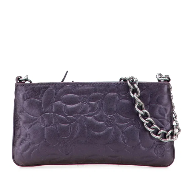 Purple Chanel Embossed Lambskin Camellia Chain Pochette Handbag in Purple Lambskin from Designer Revival