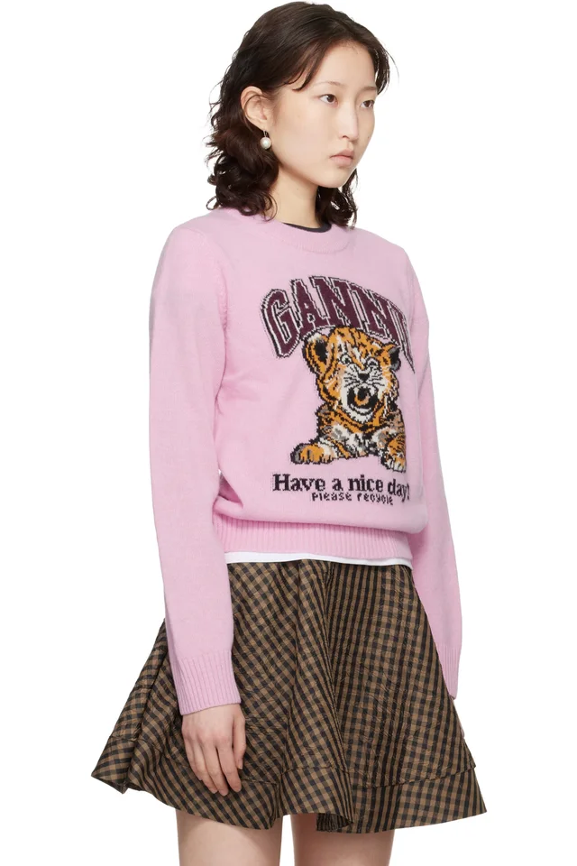 GANNI Pink Graphic Wool Sweater, photo 2 of 4 from SSENSE