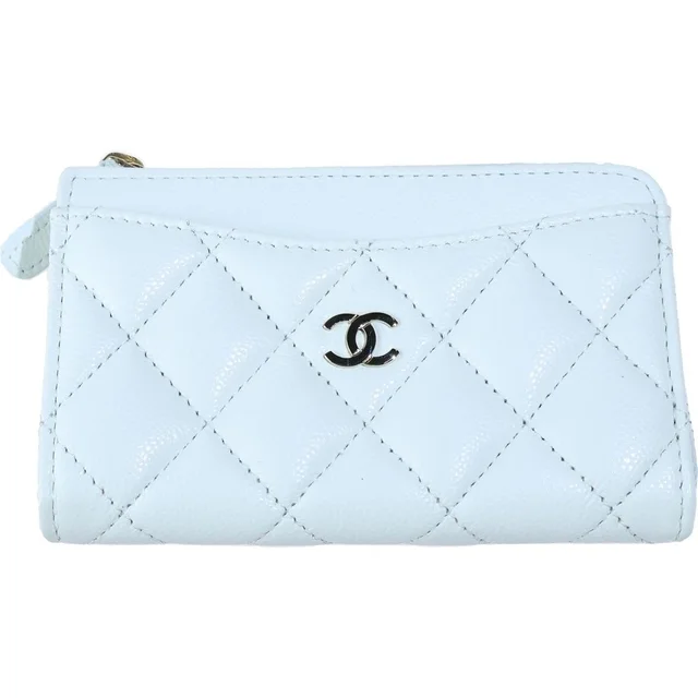 Chanel Quilted Fragment Case Zip Card Coin Purse Silver Caviar Leather Pale Blue in Blue Caviar leather from The Reluxe