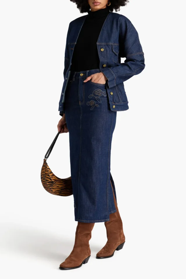 Ganni Appliquéd denim midi pencil skirt in Blue, photo 2 of 4 from THE OUTNET
