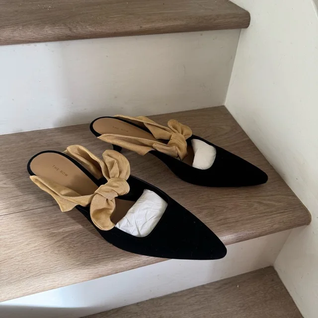 The Row Black Suede Pointed Mules With Tan Bow Accent in brown|black|neutral Suede from Poshmark