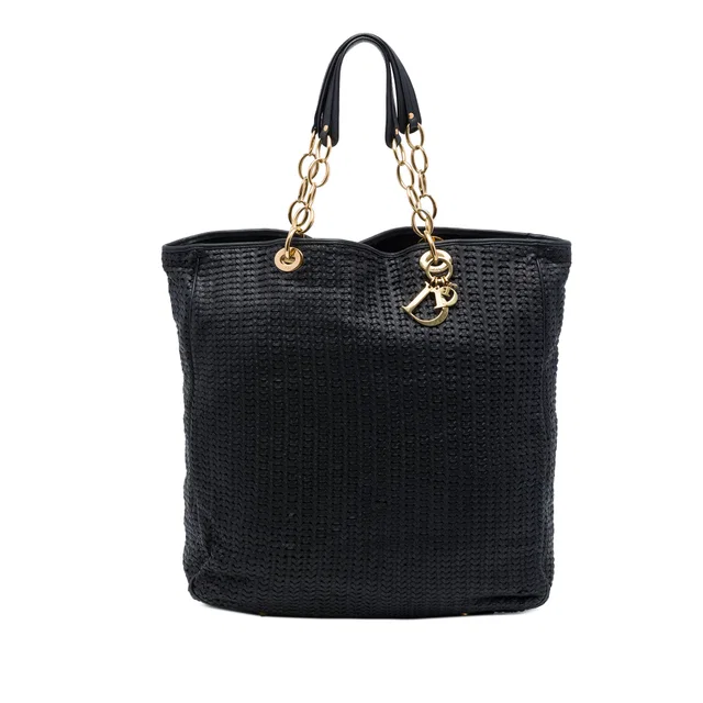 Black Dior Large Woven Lambskin Lady Dior Soft Shopping Tote in Black Lambskin from Designer Revival