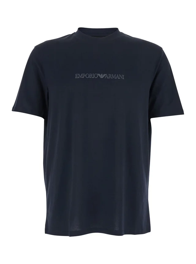 Emporio armani Blue Crew Neck T-Shirt with Logo Embroidery in Cotton for Men in Blue 100% Cotton, photo 2 of 6 from Gaudenzi Boutique