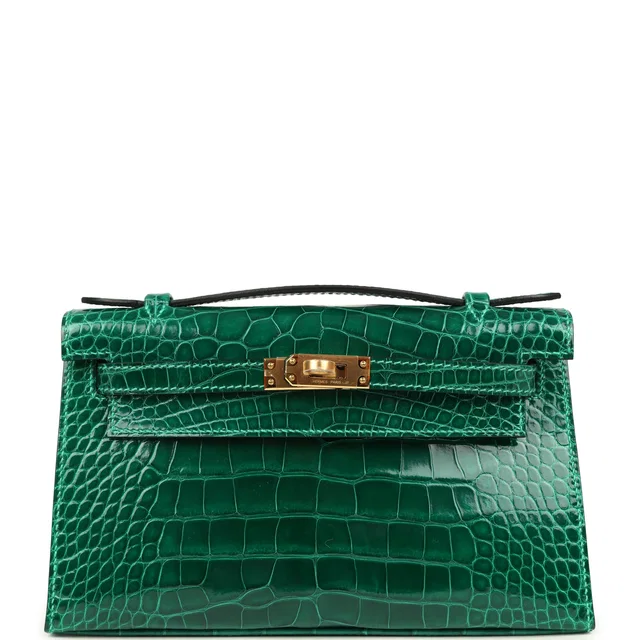 Hermès Kelly Pochette Vert Emeraude Shiny Alligator Gold Hardware in Green Crocodile from Madison Avenue Couture