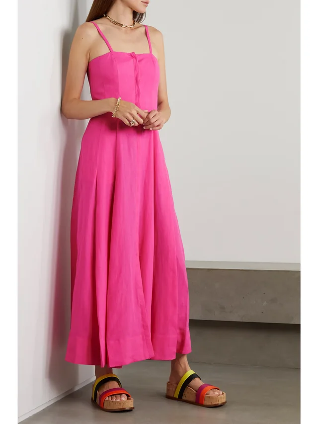 GABRIELA HEARST Margritte pleated linen midi dress in Pink, photo 2 of 2 from NET-A-PORTER (Canada)