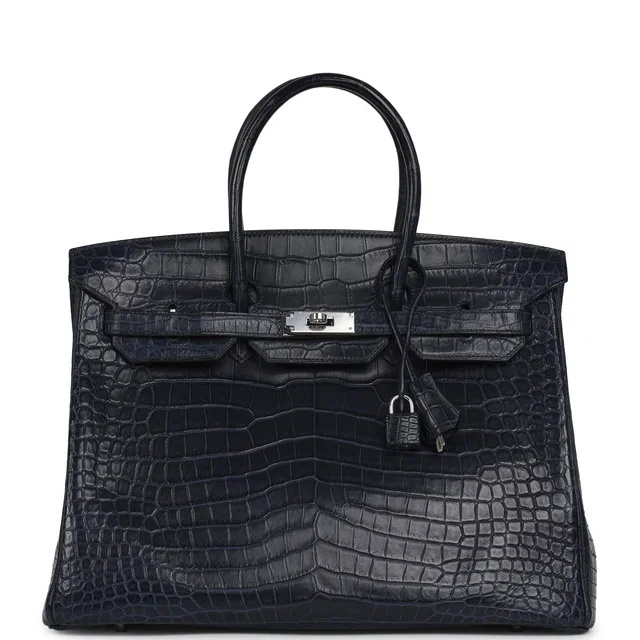 Hermès Birkin 35 Bleu Marine Matte Porosus Crocodile Palladium Hardware in Navy Crocodile from Madison Avenue Couture
