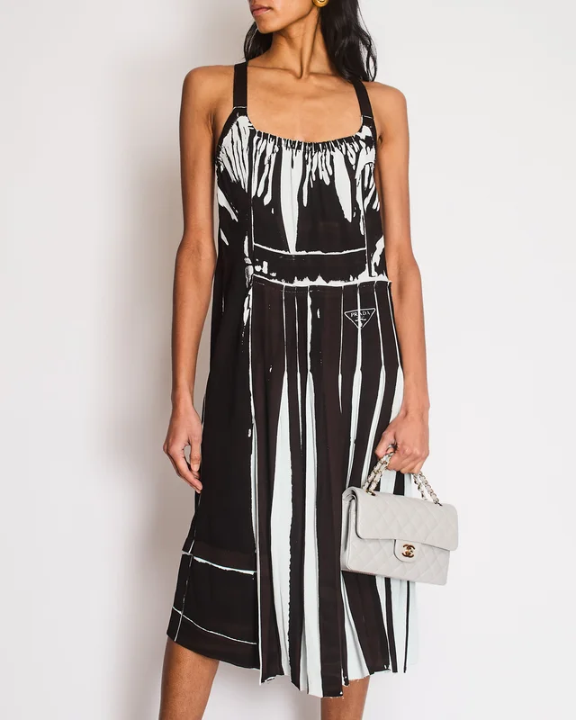Prada Blue, Black Pleated Midi Dress with Logo Detail and Crossover Straps Size IT 38 (UK 6) in Black from Sellier, photo 2 of 2