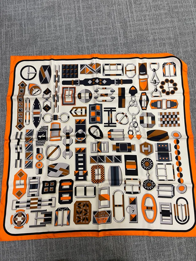 Hermès Silk 90-15 – Equestrian Tools Collage in Ivory, Navy, and Orange in White Silk from Luxury Promise