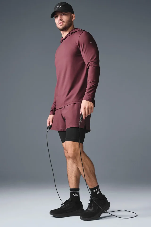 Alo Yoga Conquer Reform Long Sleeve With Hood - Burgundy Truffle in Burgundy Truffle, photo 4 of 4 from Alo Yoga