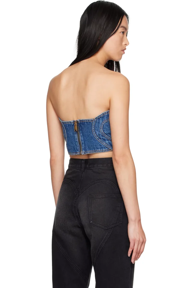 AREA Blue Patchwork Heart Bandeau Denim Top, photo 3 of 4 from SSENSE