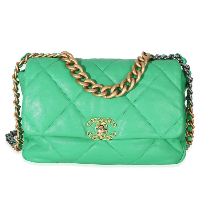 Green Quilted Lambskin Large Chanel 19 Flap Bag in Green Lambskin from myGemma