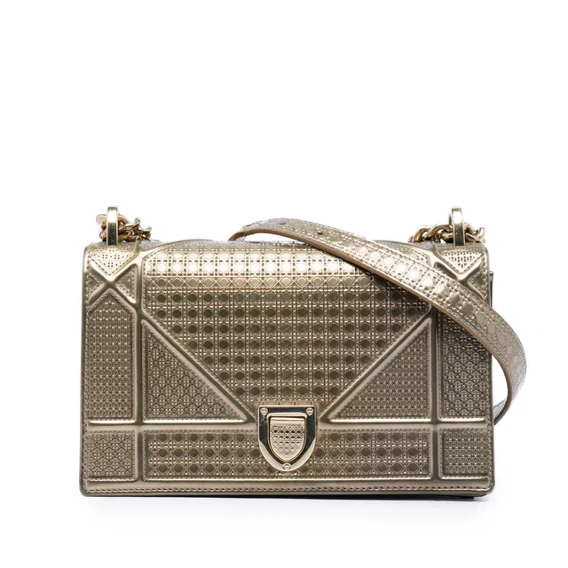 Gold Dior Small Metallic Patent Microcannage Diorama Flap Crossbody Bag in Gold Patent leather from Designer Revival
