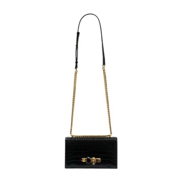 Alexander McQueen Crocodile-Embossed Calfskin Crossbody Bag — Black in Black Calfskin from HEWI