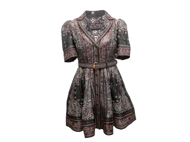 Black & Multicolor Zimmermann Linen & Silk-Blend Bandana Print Dress Designer Size 1 in Black Silk from Designer Revival