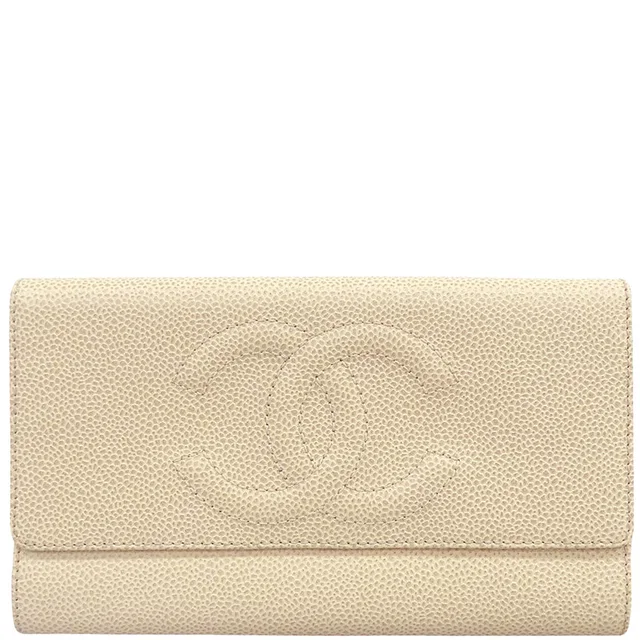 Chanel Circa 2000 Caviar Leather CC Mark Stitch Long Wallet Beige in Beige Caviar leather from VINTAGE QOO TOKYO