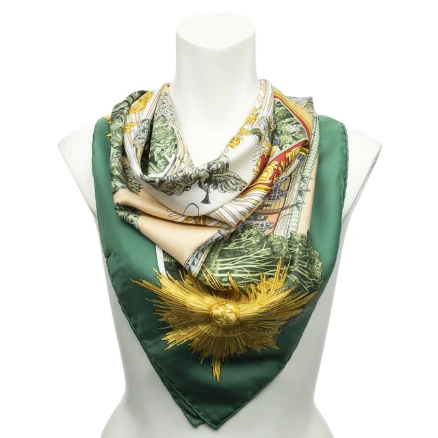 Hermès Scarf Green Beige Gold Silk in Beige Silk from The Reluxe