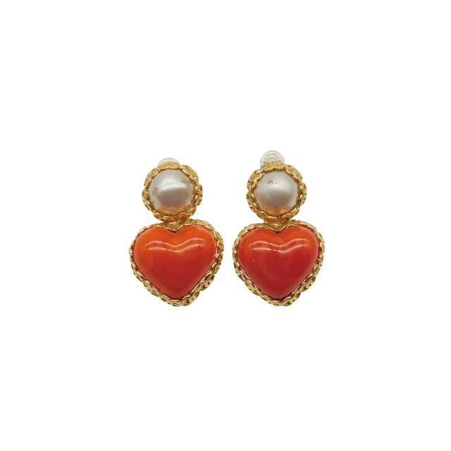 Chanel Vintage Earrings Heart Color Stone Orange Faux Pearl Accessory 2/8 in Orange from Luxury Promise