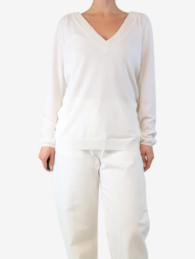 Brunello Cucinelli White v-neck sweater - size XL in White from Sign of the Times