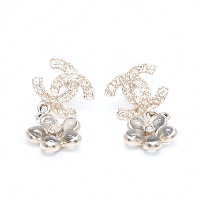 Chanel CC Logo Camellia Drop Earrings Stamp Metal Rhinestone Resin in Resin from The Reluxe