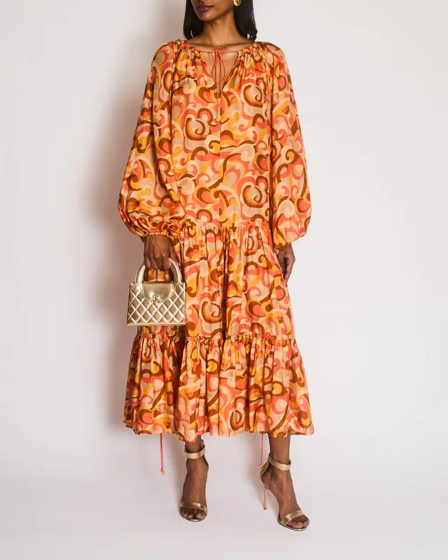 Zimmermann Orange Mae Long Sleeve Tiered Swirl Dress Size 3 (UK 14) in Orange Silk from Sellier