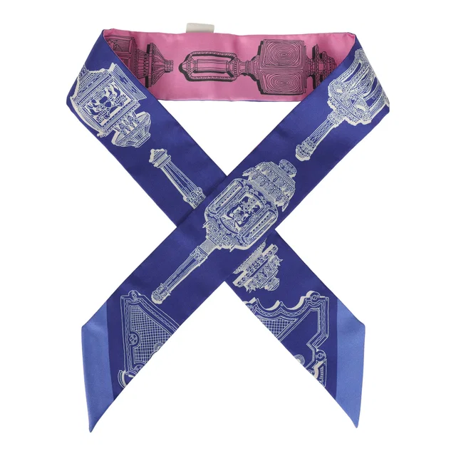 Hermès "Merveilleuses Lantern" Rose Bon, Indigo Multi Silk Twilly in Pink Silk from Madison Avenue Couture