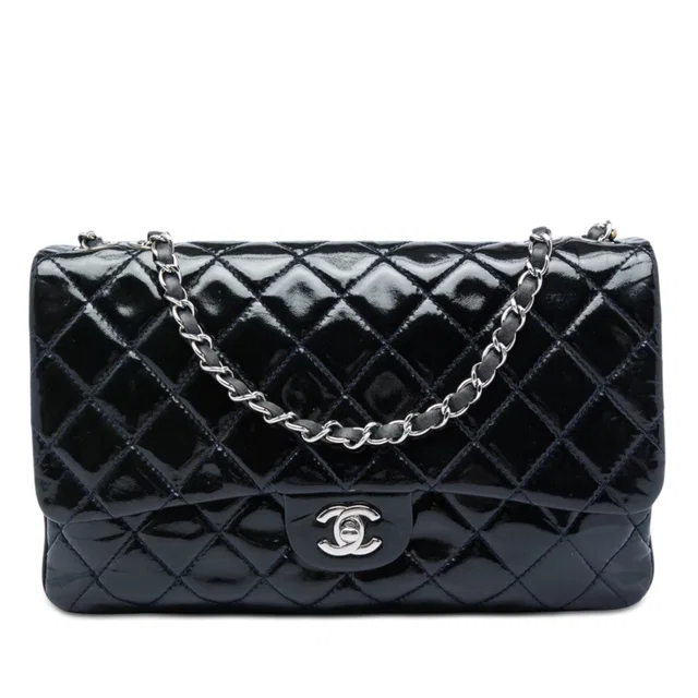 Blue Chanel Jumbo Quilted Patent 3 Compartment Flap Shoulder Bag in Blue Patent leather from Designer Revival