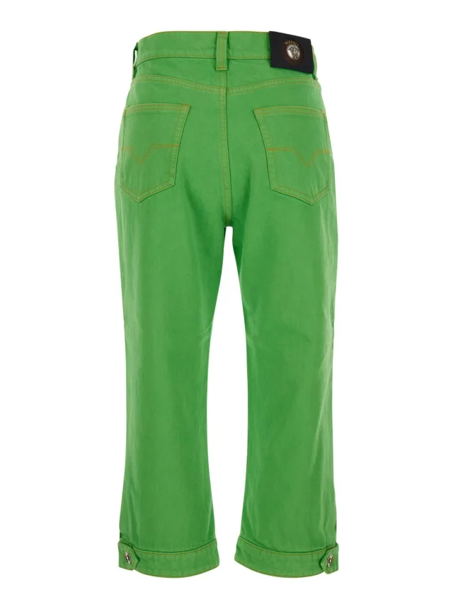 VERSACE 'Capri' Green Five-Pocket Jeans with Medusa Patch on the Back In cotton for Women in Green 100% Cotton, photo 3 of 6 from Gaudenzi Boutique