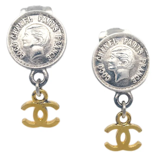 Chanel Dangle Earrings Gold Silver Clip-On 96P in Gold from AMORE Vintage Tokyo
