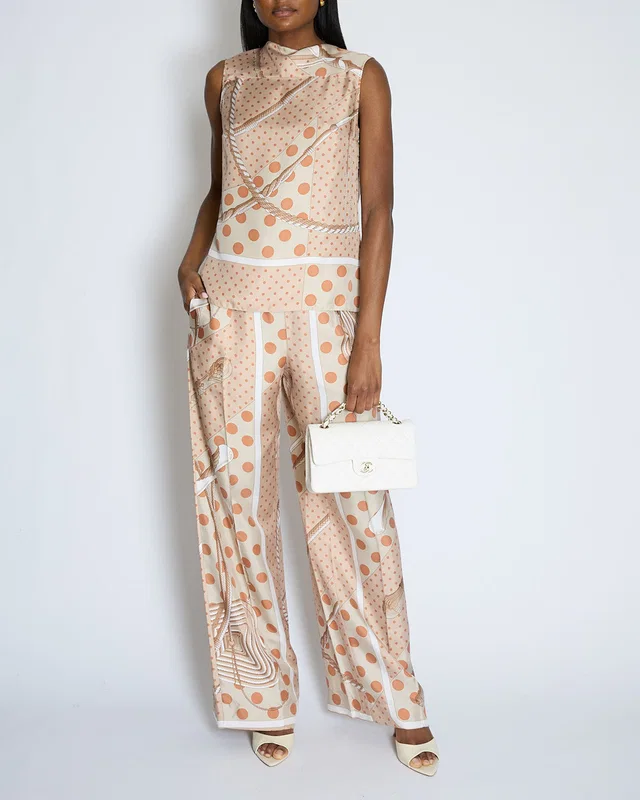 Hermès Beige, Cream Silk 'Clic Clac à Pois' Print Pyjama Top & Trouser Set Size FR 38 (UK 10) in White Silk from Sellier