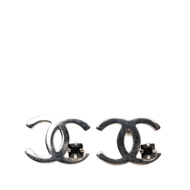 Silver Chanel Silver Plated CC Rhinestone Push Back Earrings in Silver from Designer Revival