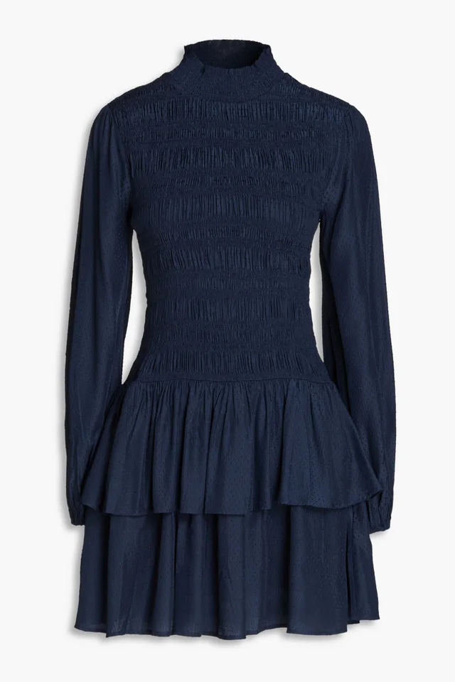 Maje Shirred Ruffled Swiss-dot Mini Dress in Blue from THE OUTNET, photo 1 of 1