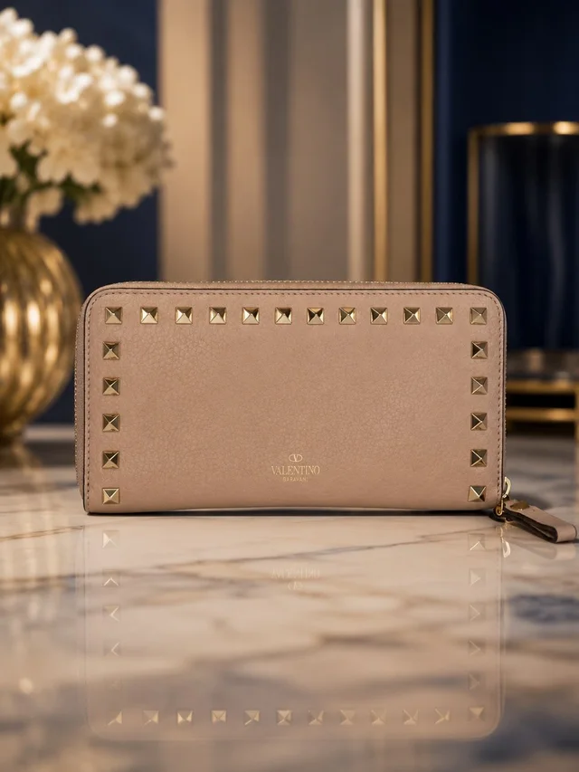 Valentino Garavani Light Pink Rockstud Leather Long Zip Wallet | Full Inclusion in gold|pink Leather from Poshmark
