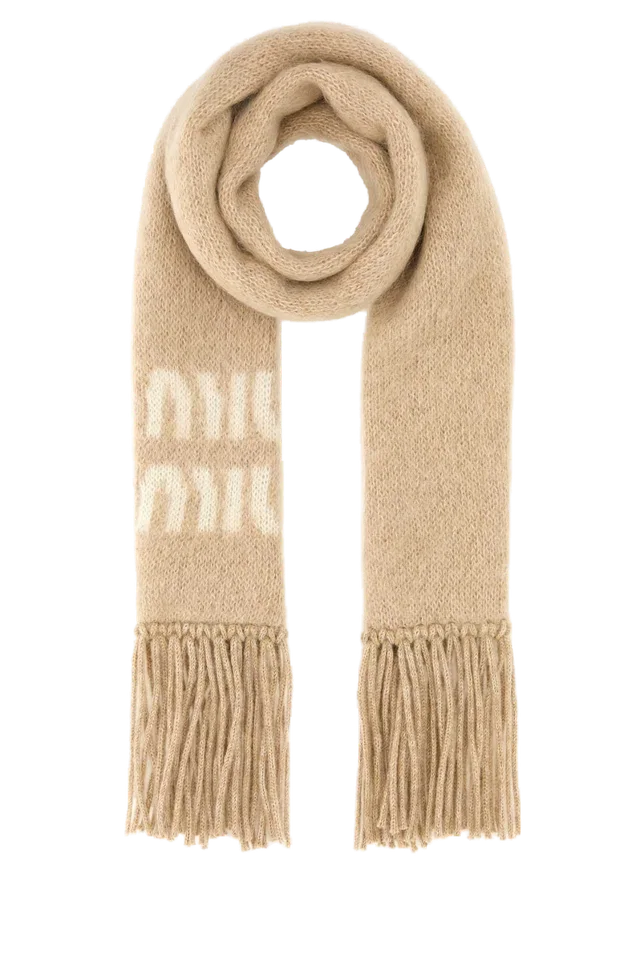 Miu Miu Logo-Jacquard Mohair Blend Scarf — Beige Exterior: Nylon Wool Scarfs in Beige Nylon from HEWI
