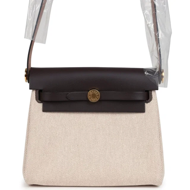 Hermès Herbag Zip 20 Mini Ecru, Beige Toile H Canvas, Ebene Vache Hunter Gold Hardware in Brown Canvas from Madison Avenue Couture