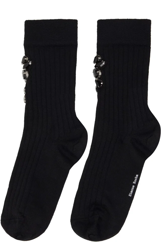 Simone Rocha Black Poppy Crystal Flower Ribbed Ankle Socks, photo 2 of 2 from SSENSE