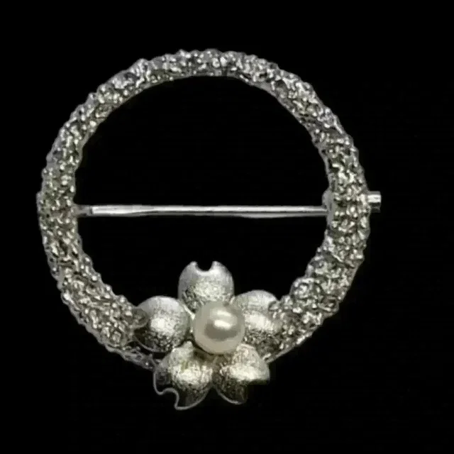 Tasaki Vintage Silver & Akoya Pearl Brooch Textured Wreath With Flower Rare in white|gray|silver from Poshmark