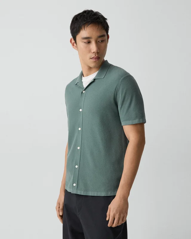Theory Short-Sleeve Button-Up Shirt in Light Bilen in LIGHT PINE GROVE 62% Viscose, 38% Polyester; Exclusive Of Elastic, photo 2 of 12 from Theory