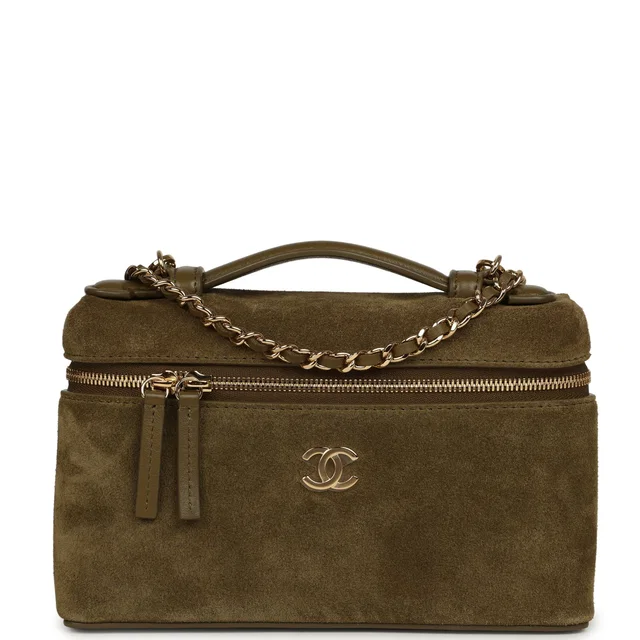 Chanel Top Handle Long Vanity Case in Green Suede from Madison Avenue Couture