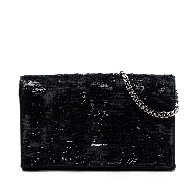 Black Saint Laurent Sequin Monogram Kate Wallet on Chain Crossbody Bag in Black Leather from Designer Revival