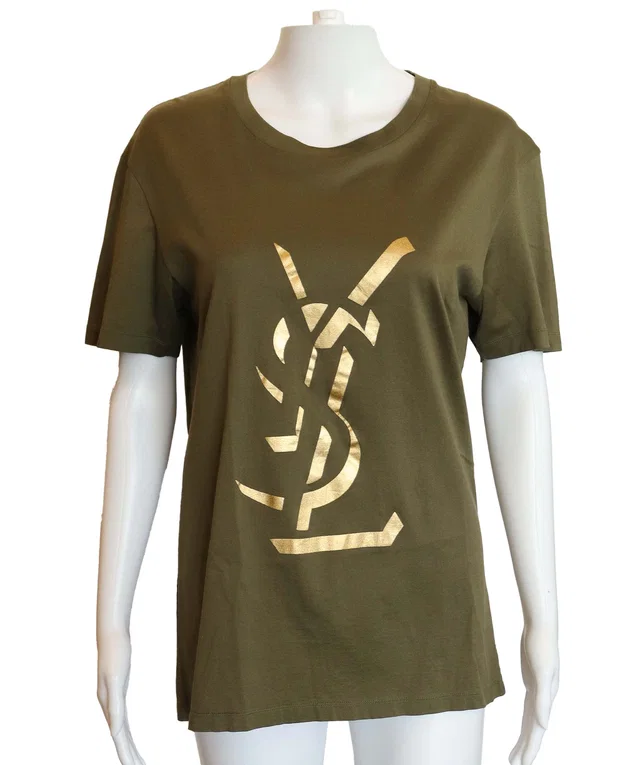 Saint Laurent Big Logo Tshirt Khaki Gold in Green from Luxury Promise