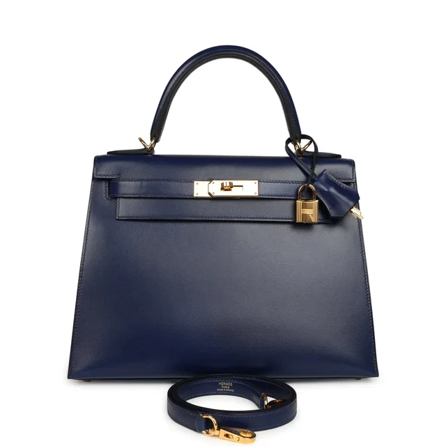 Hermès Kelly Sellier 28 Bleu Saphir Box Gold Hardware in Blue Calfskin from Madison Avenue Couture