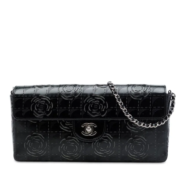 Black Chanel Laser Cut Camellia Patent East West Flap Shoulder Bag in Black Patent leather from Designer Revival